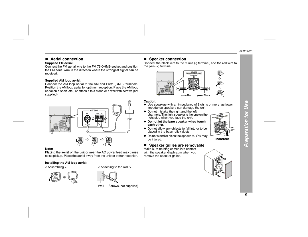 Sharp XL-UH220H operation manual Use, Preparation for, Aerial connection, Speaker connection, Speaker grilles are removable 