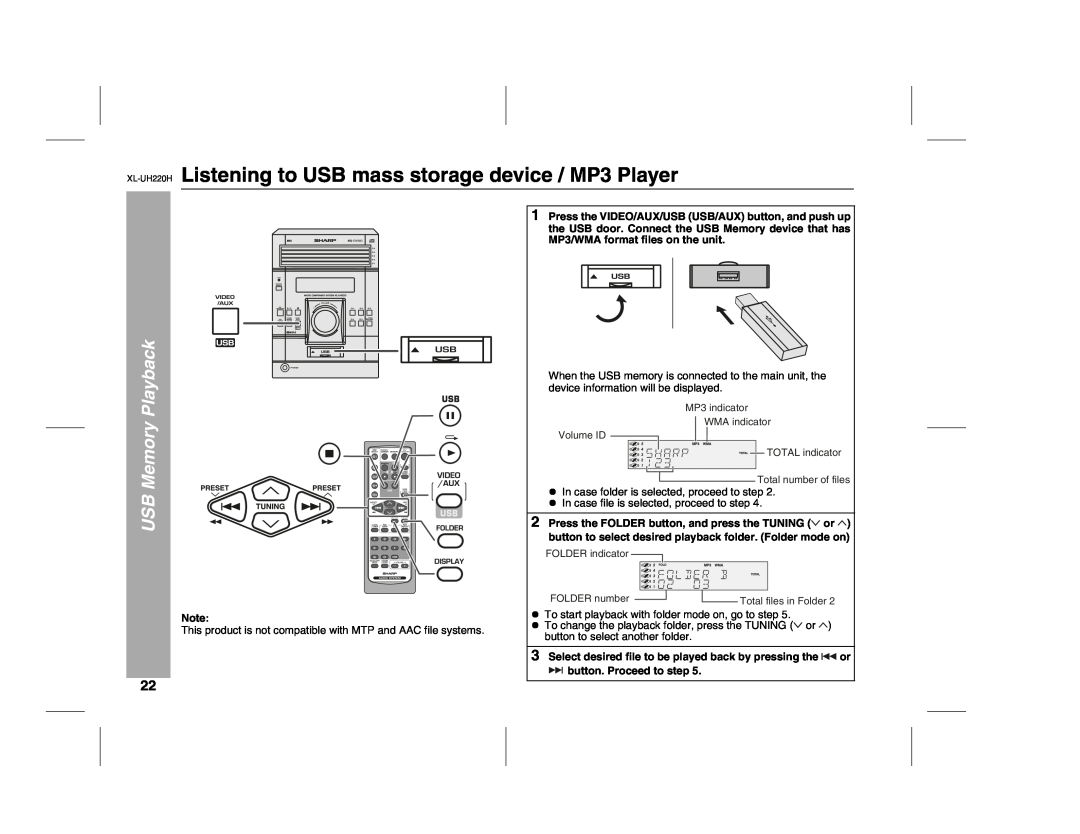 Sharp XL-UH220H operation manual Listening to USB mass storage device / MP3 Player, USB Memory Playback 