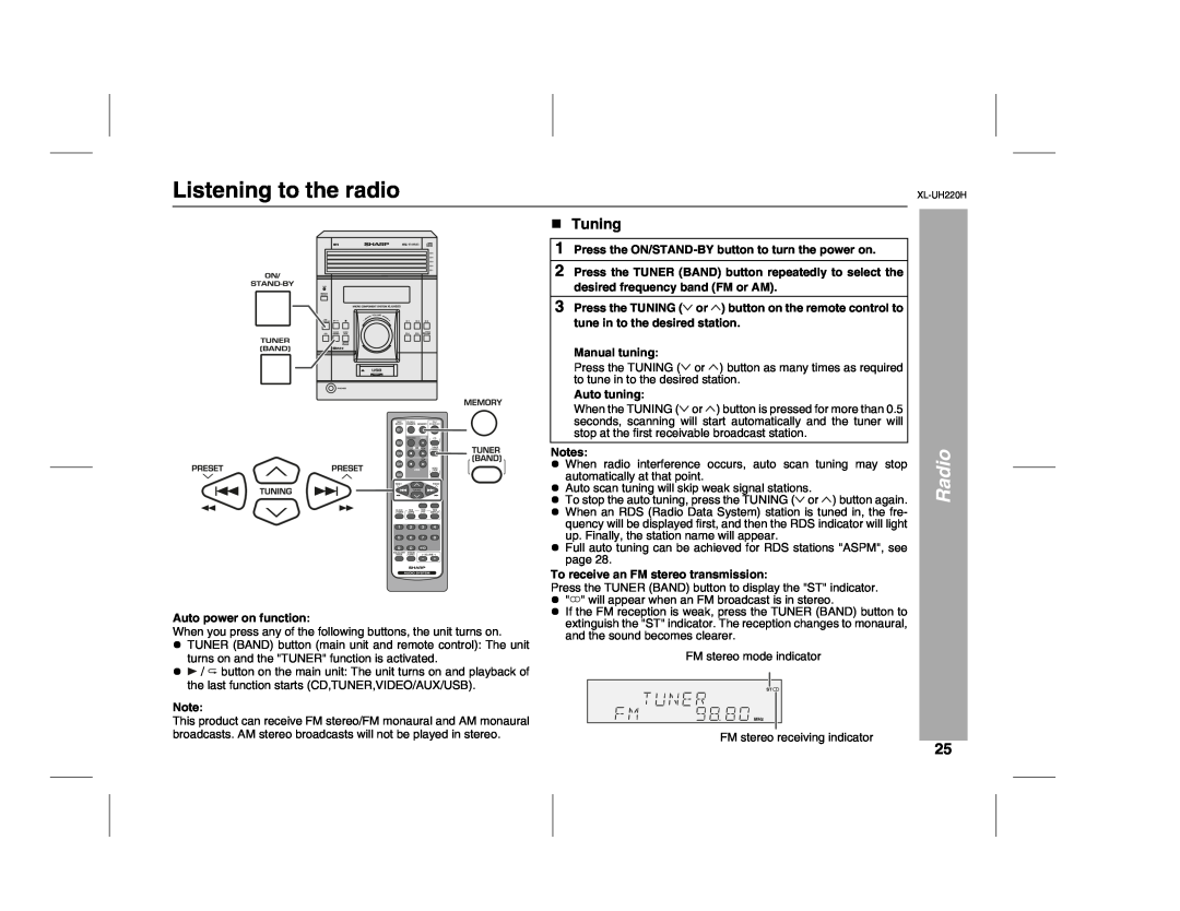 Sharp XL-UH220H operation manual Listening to the radio, Radio, Tuning, Auto power on function, Manual tuning, Auto tuning 