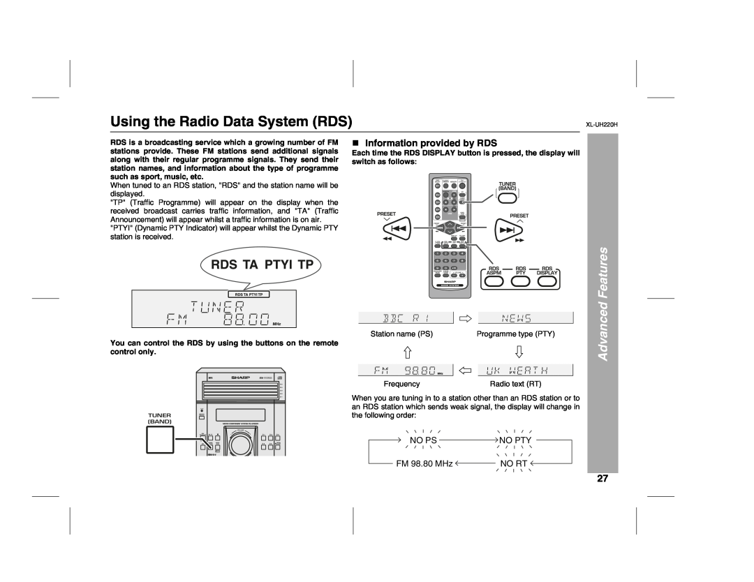 Sharp XL-UH220H operation manual Using the Radio Data System RDS, Advanced Features, Information provided by RDS 