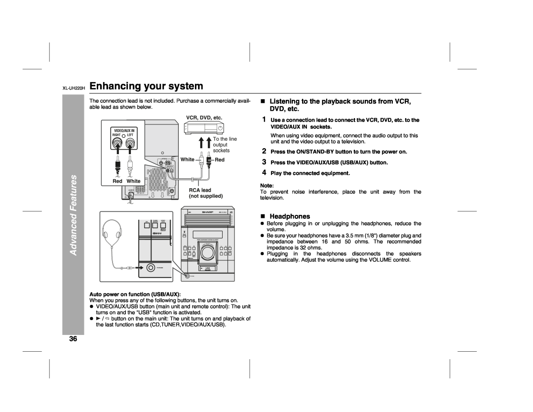 Sharp operation manual XL-UH220H Enhancing your system, Listening to the playback sounds from VCR, DVD, etc, Headphones 
