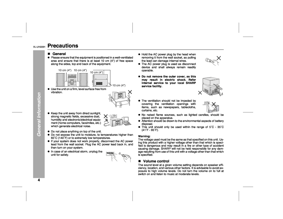 Sharp operation manual XL-UH220H Precautions, Volume control, General Information 