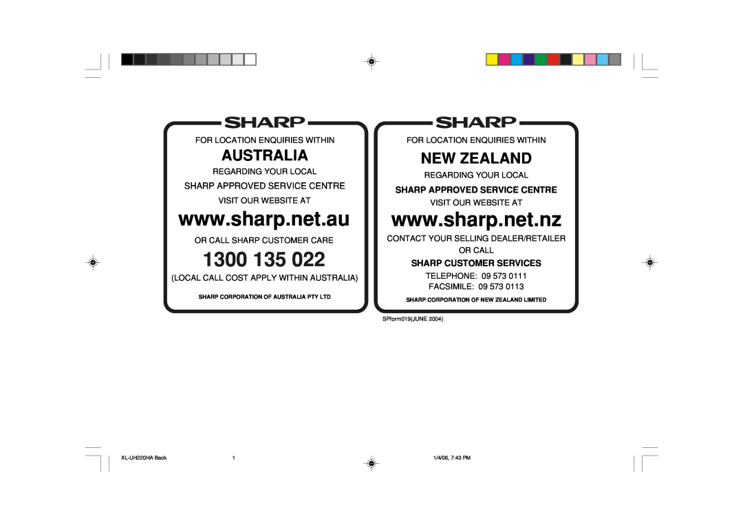 Sharp XL-UH220H operation manual Sharp Approved Service Centre, Sharp Customer Services, 1300 135, Australia, New Zealand 