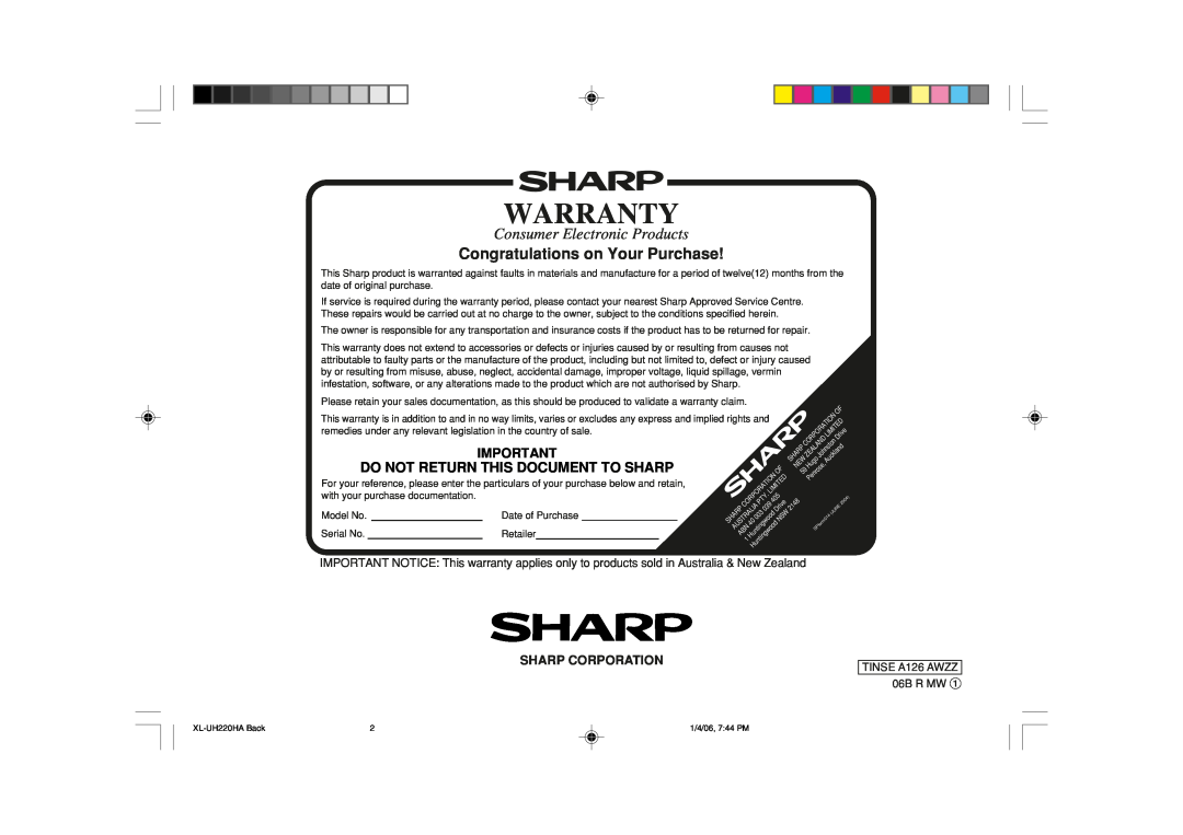 Sharp XL-UH220H Congratulations on Your Purchase, Do Not Return This Document To Sharp, Sharp Corporation, Warranty 