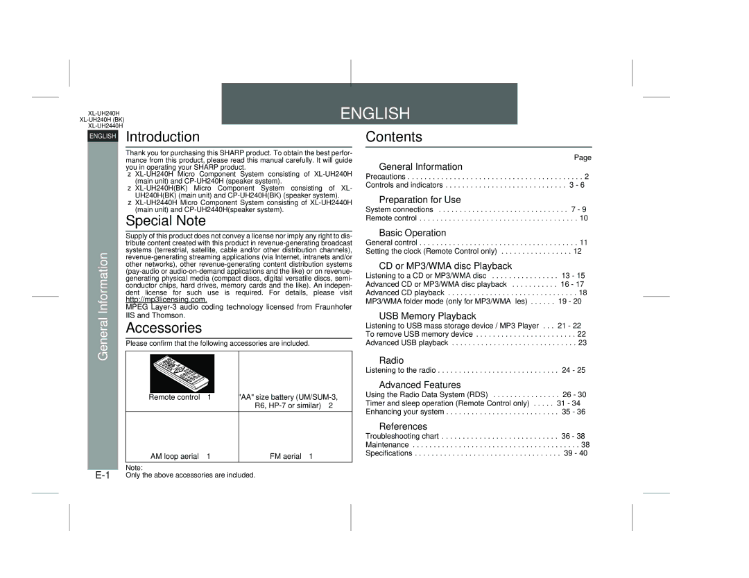 Sharp XL-UH2440H, XL-UH240H (BK) operation manual Introduction, Special Note, Accessories, Contents 