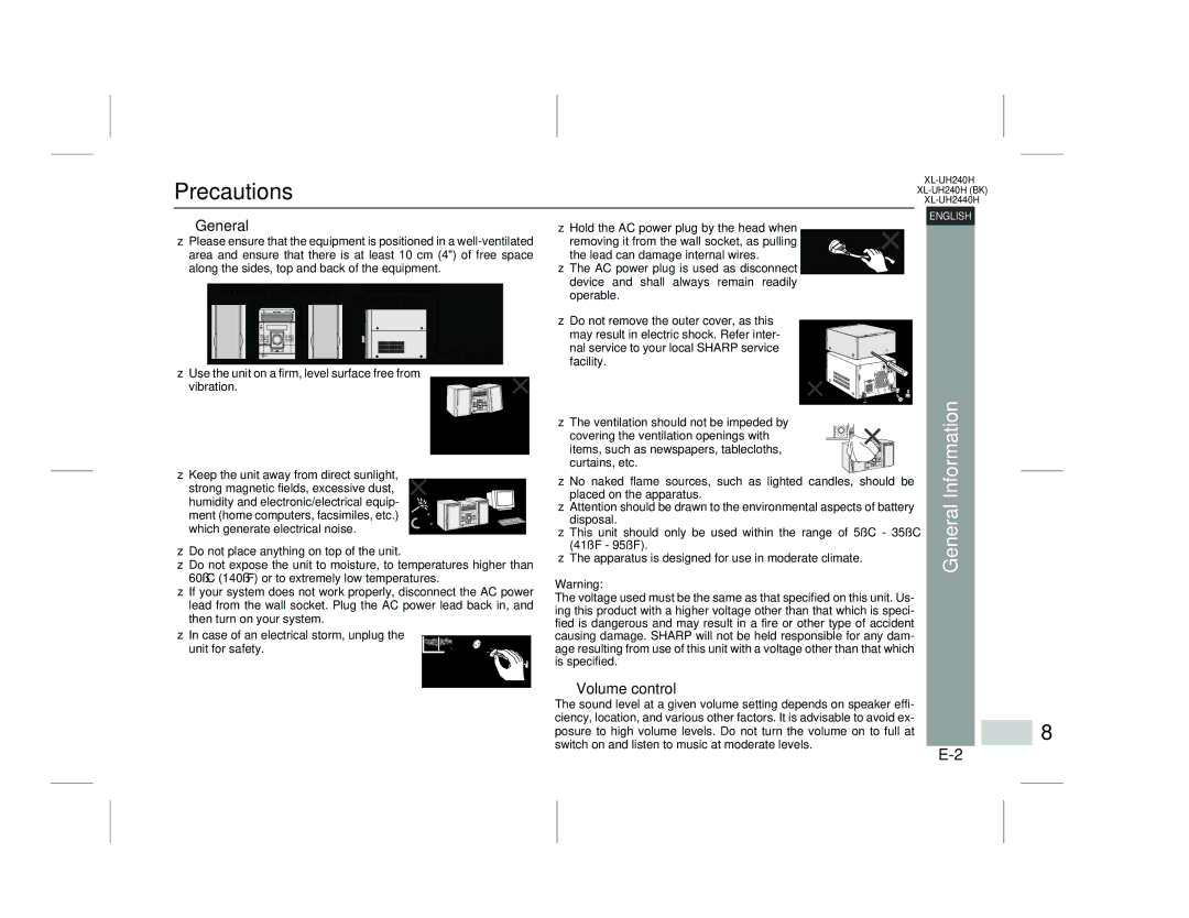 Sharp XL-UH2440H, XL-UH240H (BK) operation manual Precautions, General, Volume control 