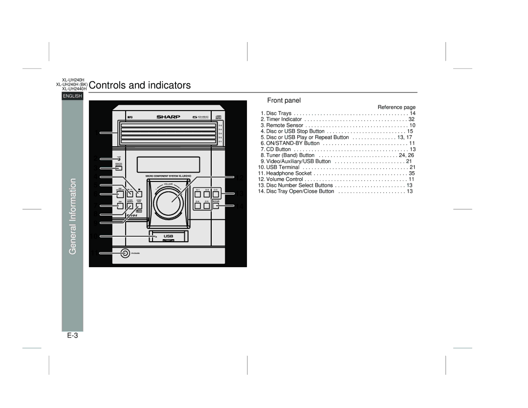 Sharp XL-UH240H (BK), XL-UH2440H operation manual XL-UH240H BK Controls and indicators, Front panel, Disc Trays 