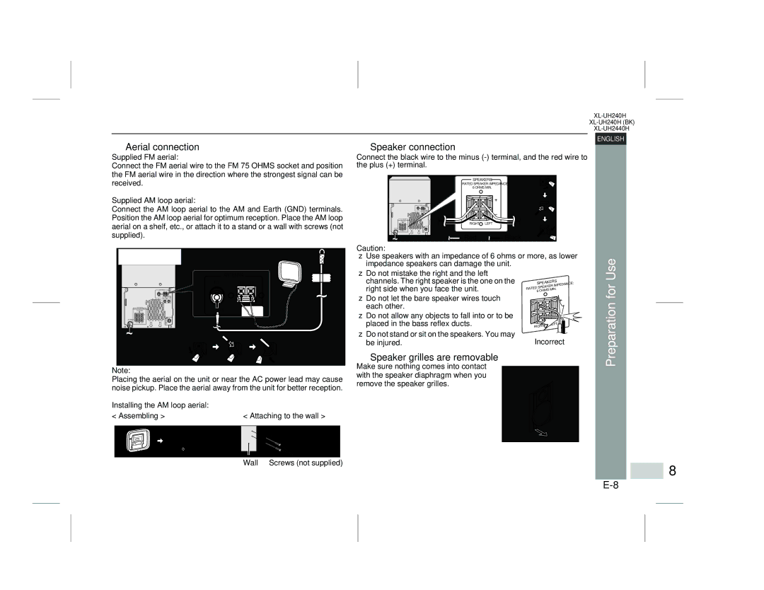 Sharp XL-UH240H, XL-UH2440H Preparation for, Aerial connection, Speaker connection, Speaker grilles are removable 