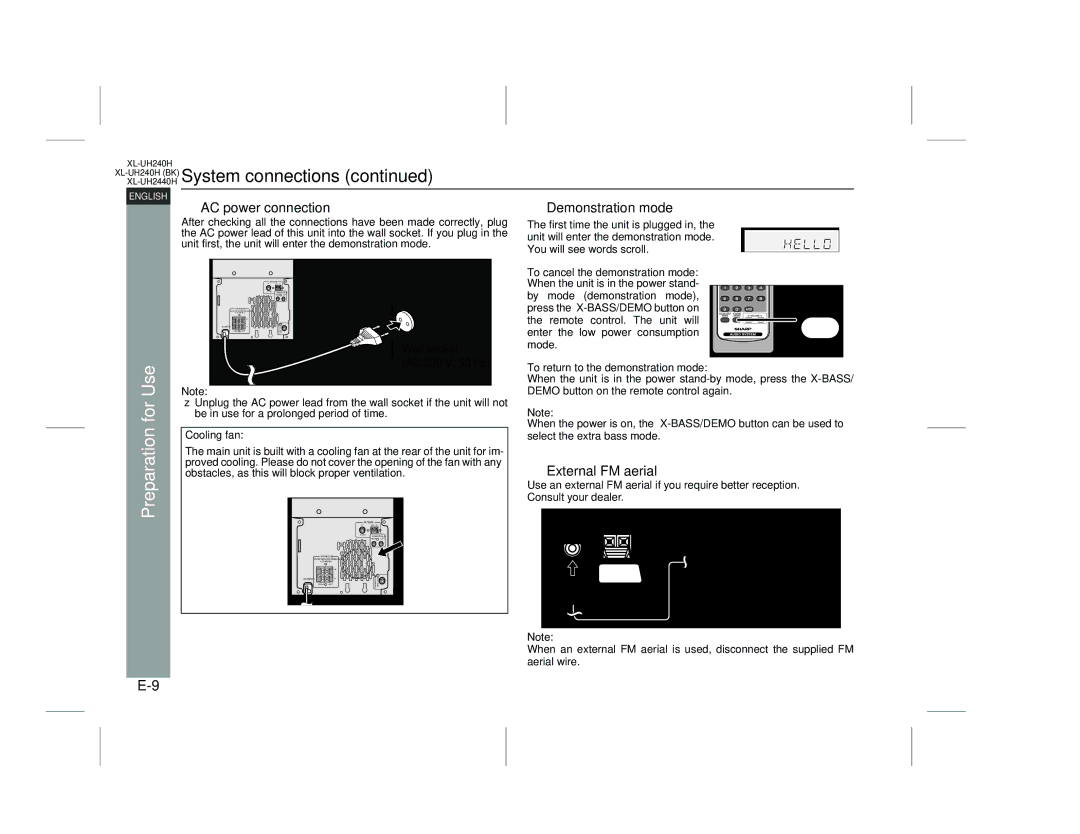 Sharp XL-UH240H (BK), XL-UH2440H operation manual Use, For, AC power connection, Demonstration mode, External FM aerial 