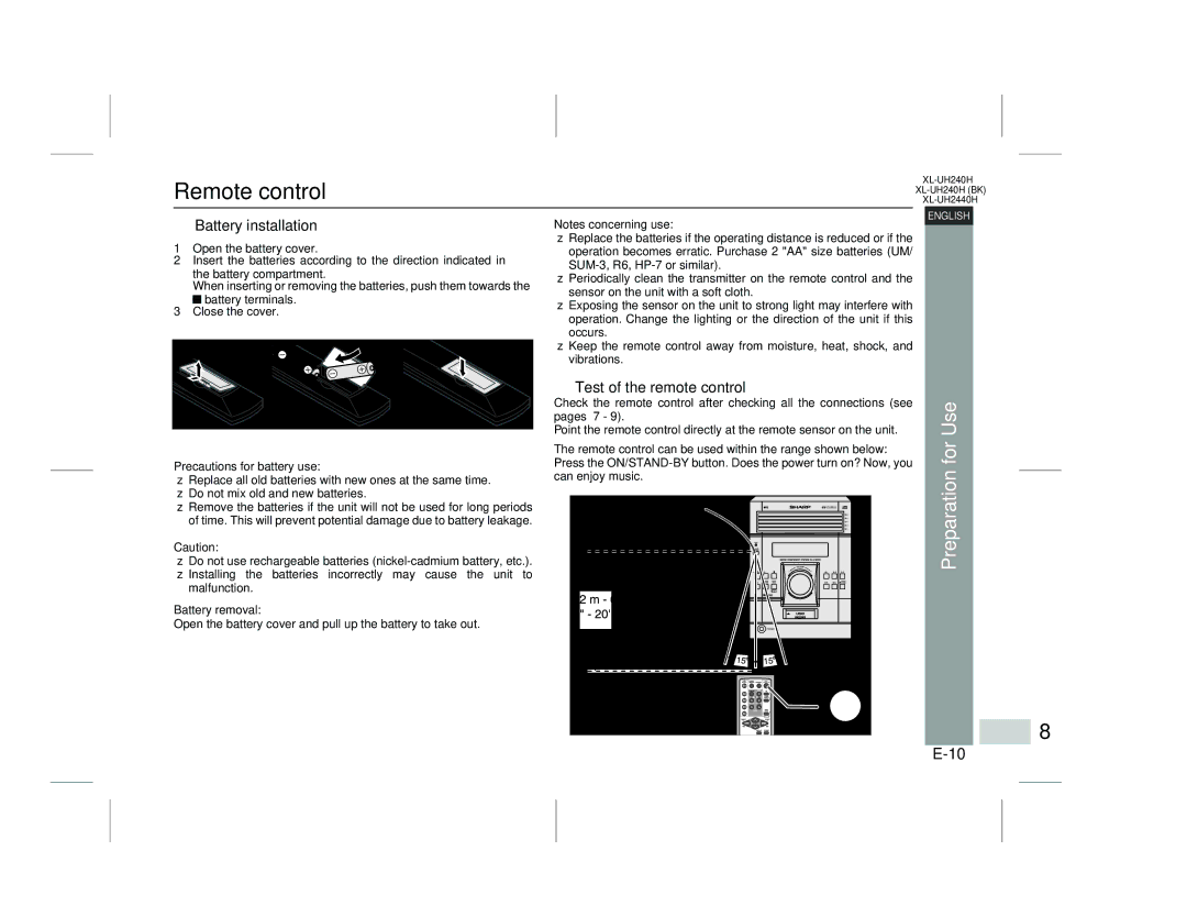 Sharp XL-UH2440H, XL-UH240H Remote control, Preparation for Use, Battery installation, Test of the remote control 