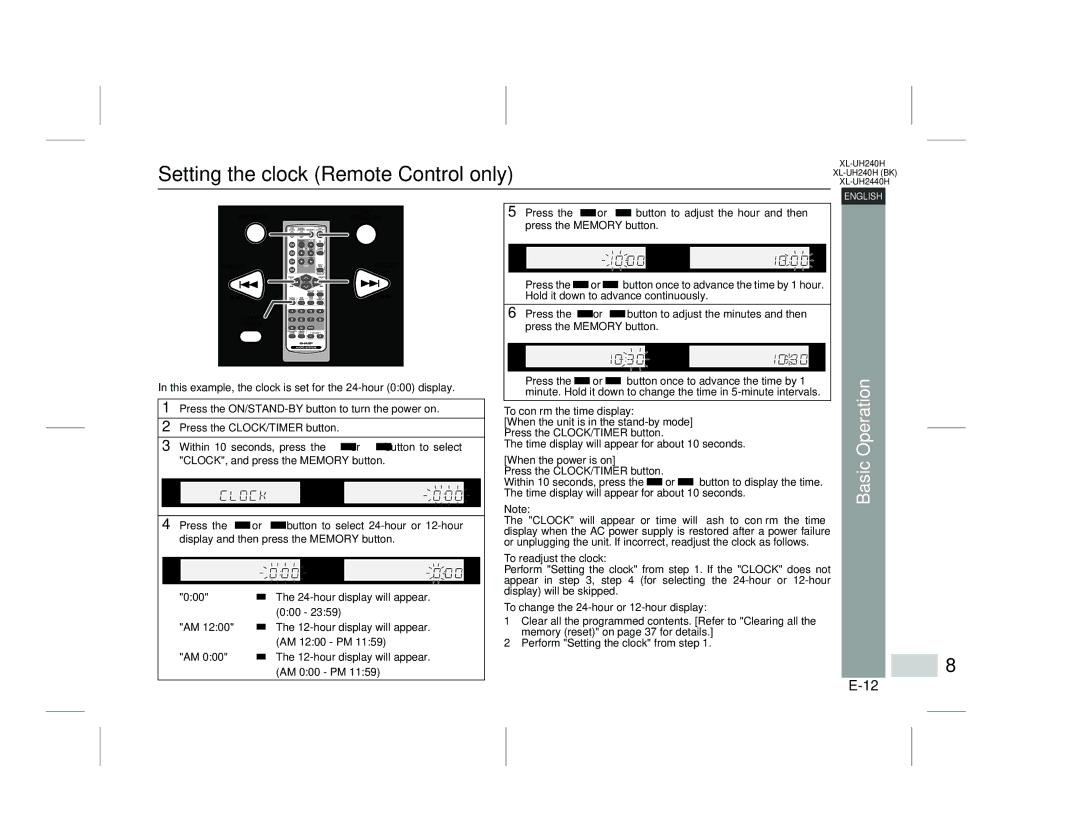 Sharp XL-UH240H (BK), XL-UH2440H Setting the clock Remote Control only, Basic Operation, To conﬁrm the time display 