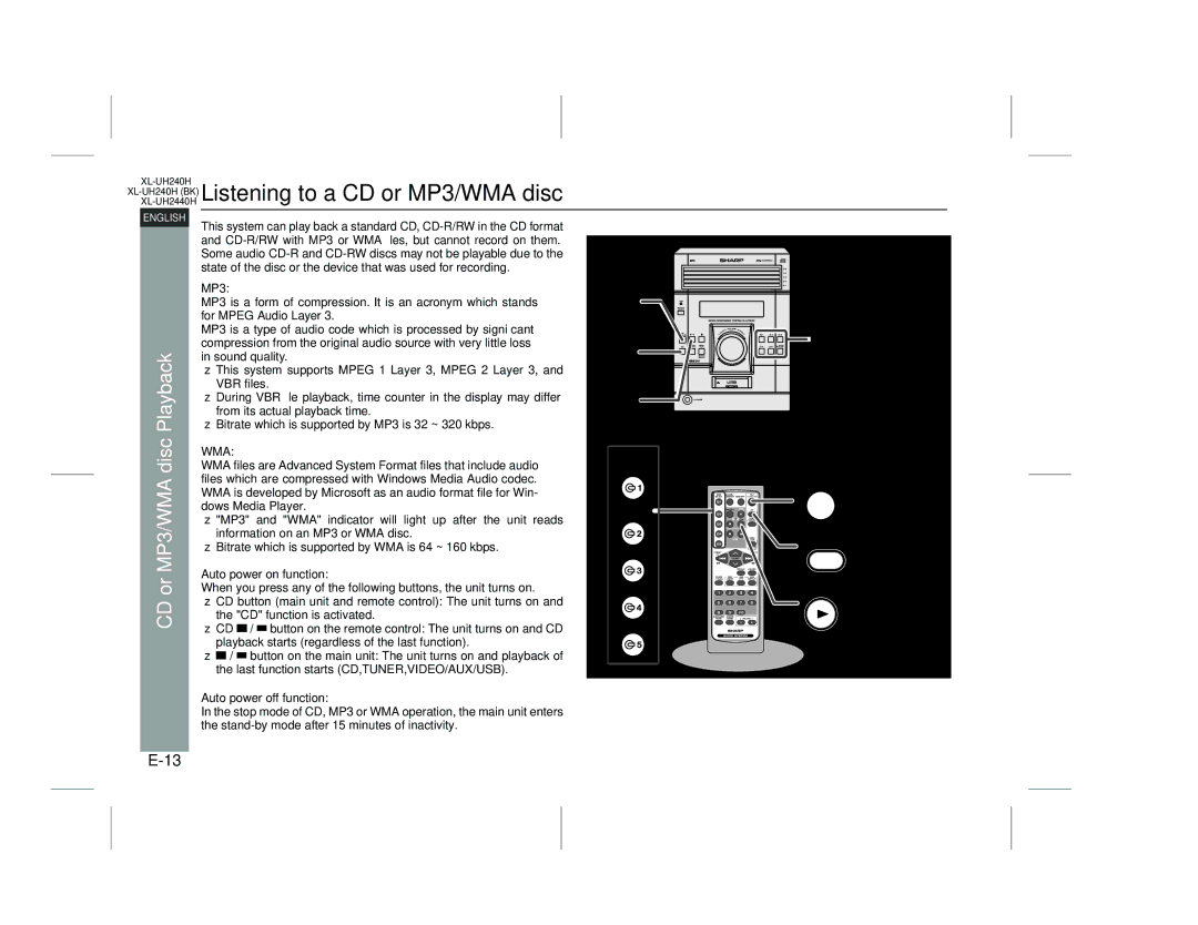 Sharp XL-UH2440H XL-UH240H BK Listening to a CD or MP3/WMA disc, CD or MP3/WMA disc Playback, Auto power on function 