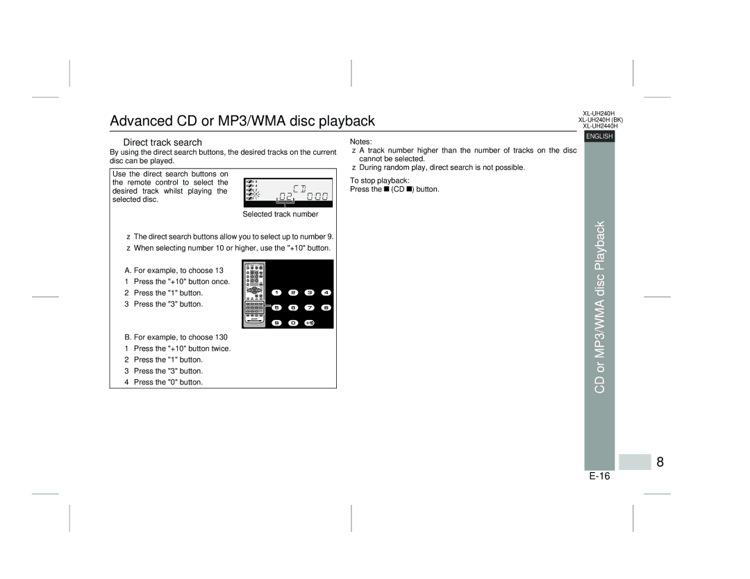 Sharp XL-UH2440H Advanced CD or MP3/WMA disc playback, Direct track search, For example, to choose, To stop playback 