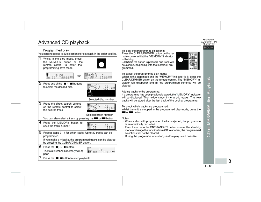 Sharp XL-UH240H (BK), XL-UH2440H operation manual Advanced CD playback, Programmed play, To cancel the programmed play mode 