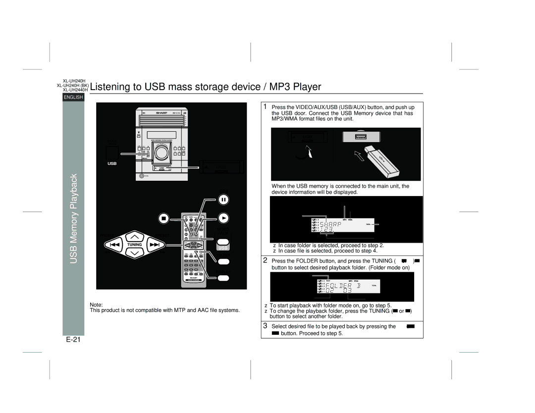 Sharp XL-UH240H (BK), XL-UH2440H XL-UH240H BK Listening to USB mass storage, Device / MP3 Player, USB Memory Playback 