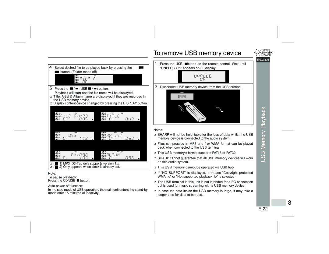 Sharp XL-UH2440H, XL-UH240H (BK) operation manual To remove USB memory device, Auto power off function 