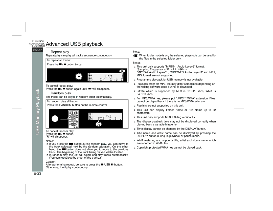 Sharp XL-UH2440H, XL-UH240H (BK) operation manual Advanced USB playback, To random play all tracks 