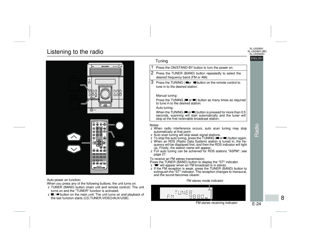 Sharp XL-UH240H (BK), XL-UH2440H Listening to the radio, Radio, Tuning, Auto tuning, To receive an FM stereo transmission 