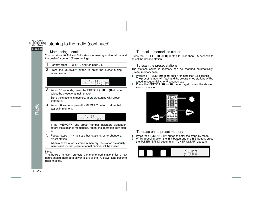 Sharp XL-UH2440H, XL-UH240H (BK) Memorising a station To recall a memorised station, To scan the preset stations 