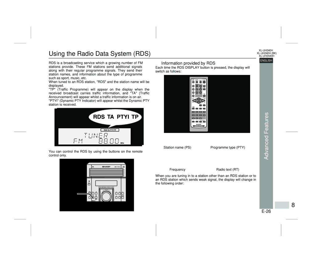 Sharp XL-UH2440H, XL-UH240H (BK) Using the Radio Data System RDS, Advanced Features, Information provided by RDS 