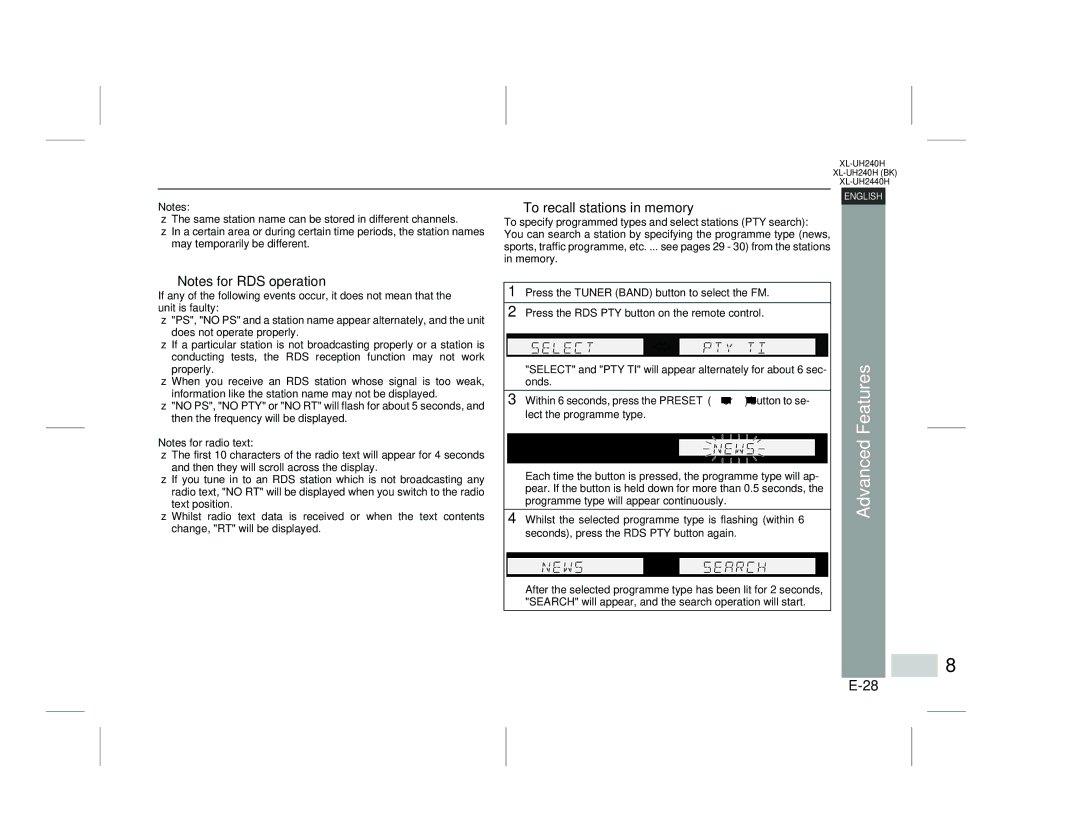 Sharp XL-UH2440H, XL-UH240H (BK) operation manual To recall stations in memory 