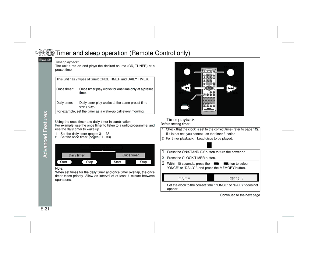 Sharp XL-UH2440H, XL-UH240H (BK) XL-UH240H BK Timer and sleep operation Remote, Control only, Timer playback 