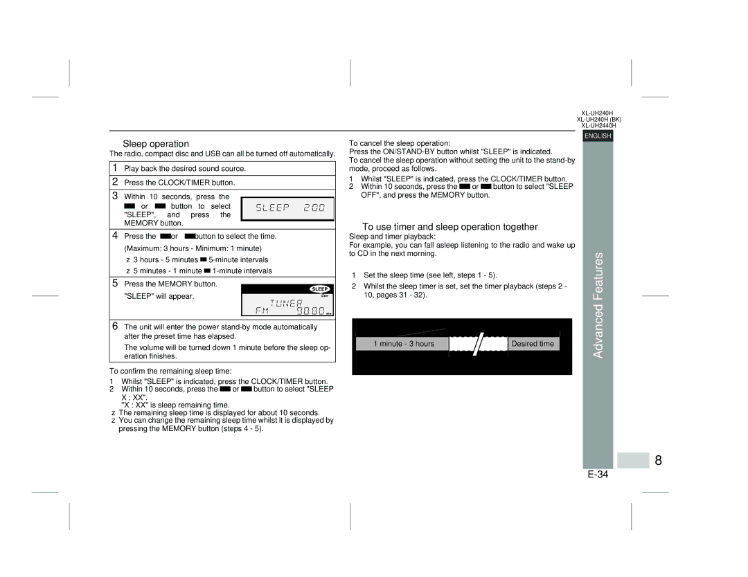 Sharp XL-UH2440H, XL-UH240H (BK) operation manual Sleep operation, To use timer and sleep operation together 