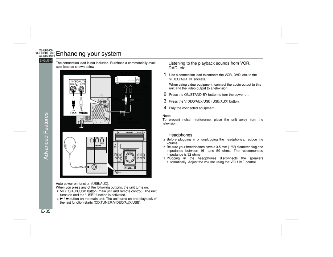 Sharp XL-UH2440H XL-UH240H BK Enhancing your system, Listening to the playback sounds from VCR, DVD, etc, Headphones 