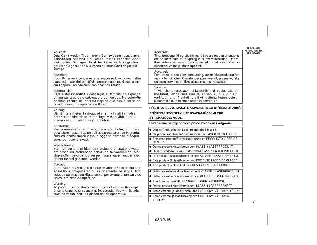 Sharp XL-UH240H (BK), XL-UH2440H operation manual Vorsicht, Attenzione, Cuidado, Varoitus 