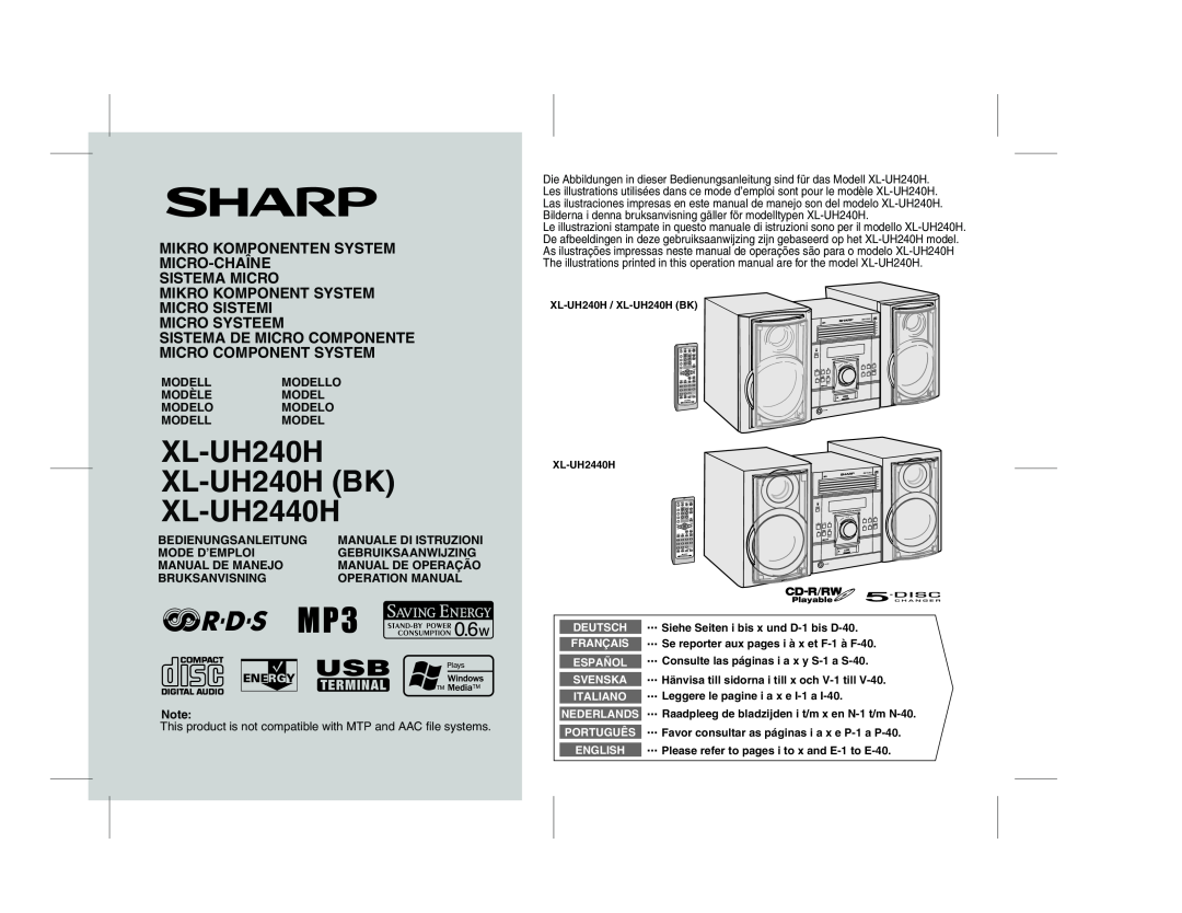 Sharp XL-UH240H, XL-UH2440H operation manual Mikro Komponenten System Micro-Chaîne, Sistema Micro, Micro Systeem 