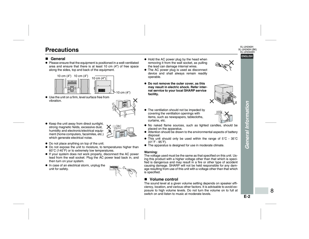 Sharp XL-UH2440H, XL-UH240H (BK) operation manual Precautions, Volume control, General Information 