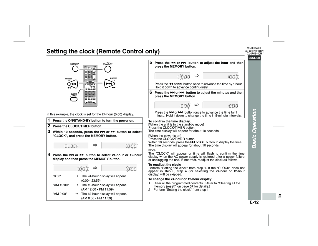 Sharp XL-UH240H (BK), XL-UH2440H operation manual Setting the clock Remote Control only, Basic Operation, E-12 