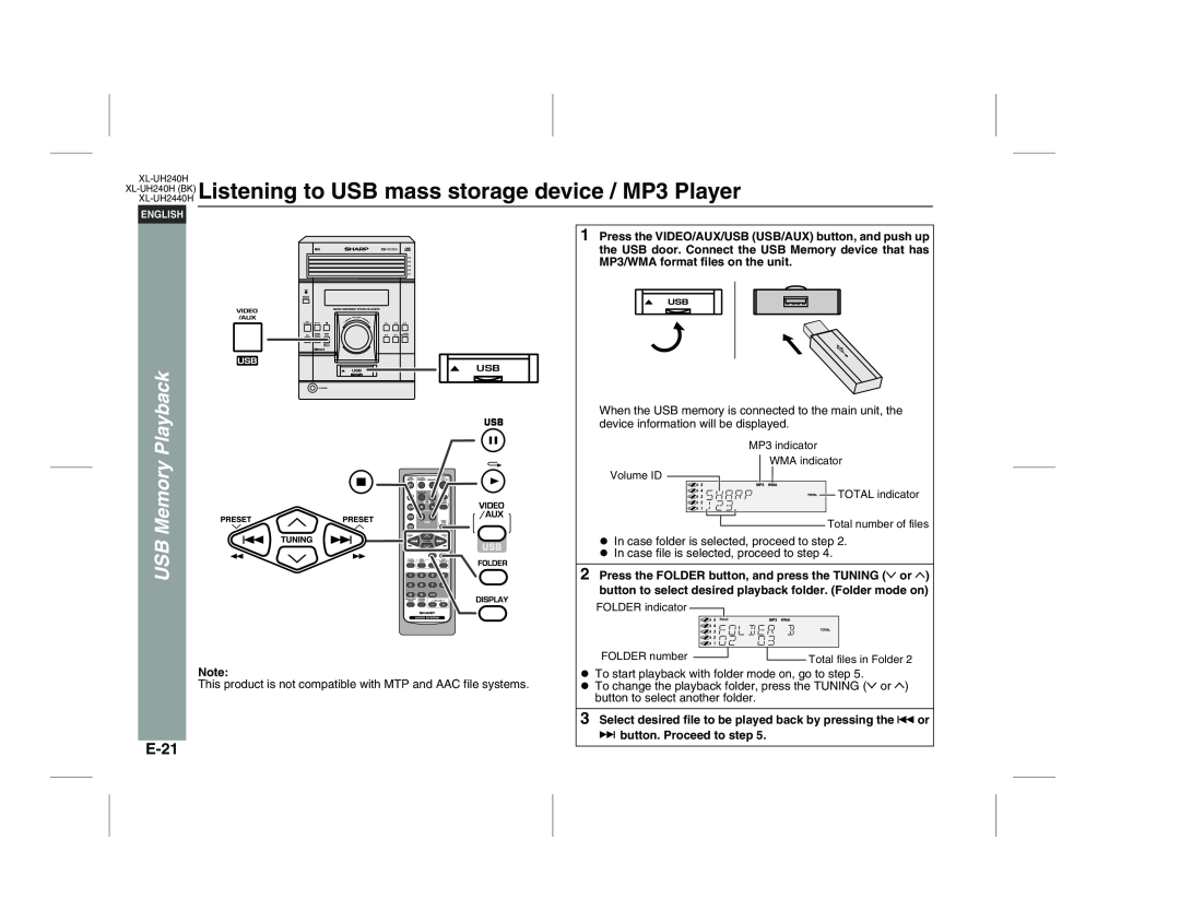 Sharp XL-UH240H (BK), XL-UH2440H XL-UH240HBK Listening to USB mass storage, device / MP3 Player, USB Memory Playback, E-21 