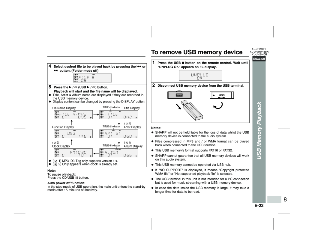Sharp XL-UH2440H, XL-UH240H (BK) operation manual To remove USB memory device, E-22, USB Memory Playback 