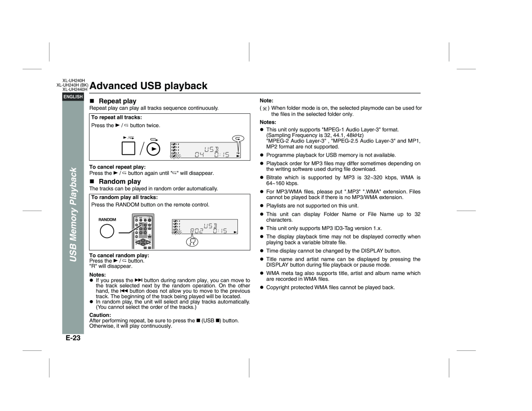 Sharp XL-UH2440H, XL-UH240H (BK) operation manual Advanced USB playback, E-23, Repeat play, Random play 