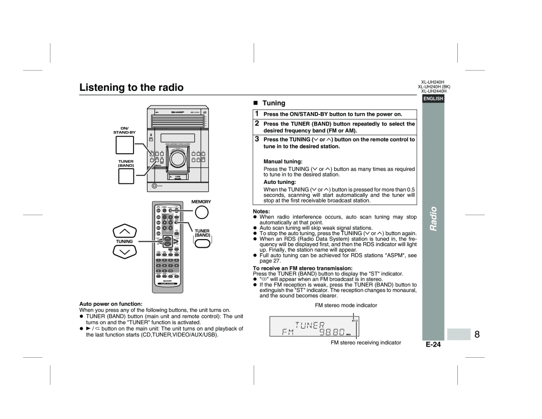 Sharp XL-UH240H (BK), XL-UH2440H operation manual Listening to the radio, Radio, E-24, Tuning 
