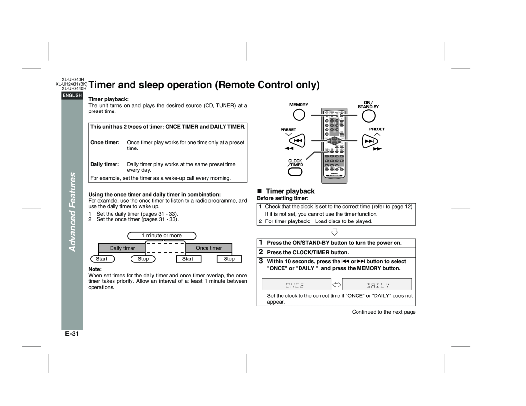 Sharp XL-UH2440H, XL-UH240H (BK) XL-UH240HBK Timer and sleep operation Remote, Control only, E-31, Timer playback 