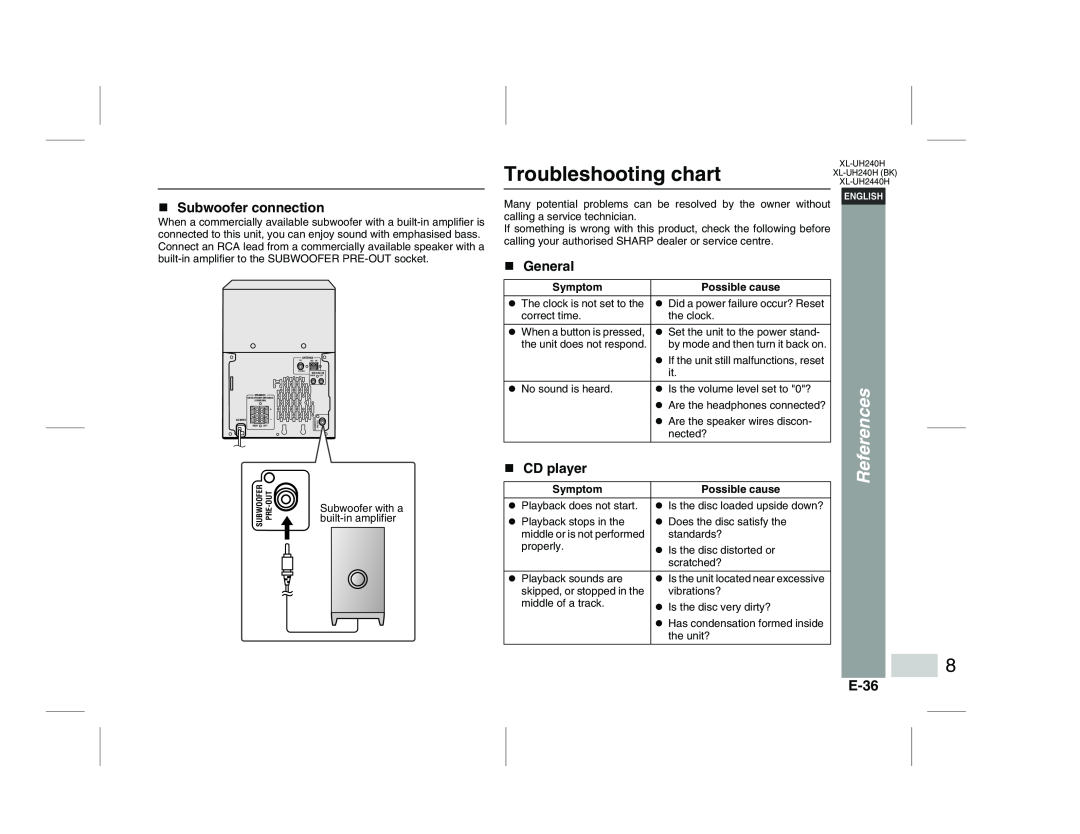 Sharp XL-UH240H (BK), XL-UH2440H Troubleshooting chart, References, E-36, Subwoofer connection, CD player, General 