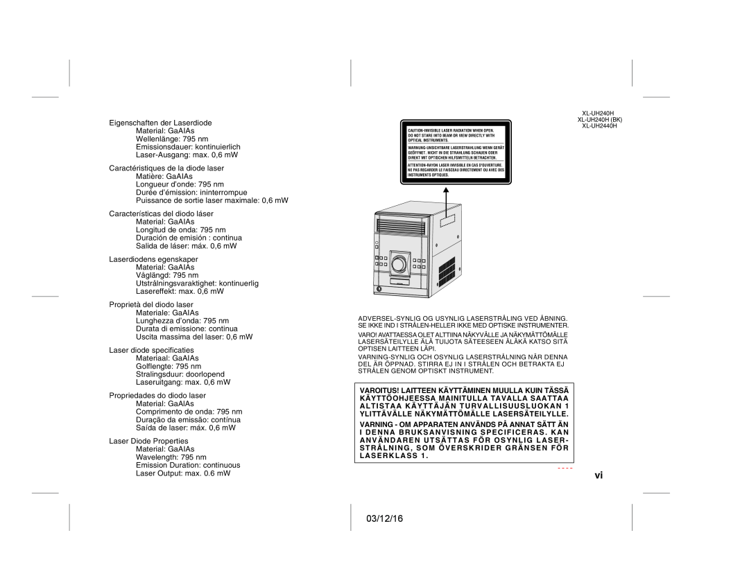 Sharp XL-UH2440H, XL-UH240H (BK) operation manual 03/12/16, Eigenschaften der Laserdiode Material GaAIAs, 0203 