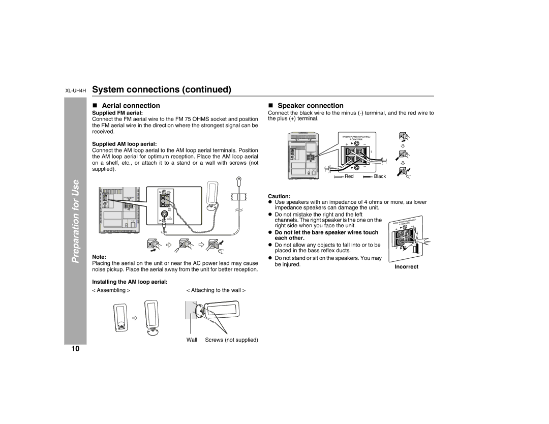 Sharp XL-UH4H operation manual Aerial connection, Speaker connection 