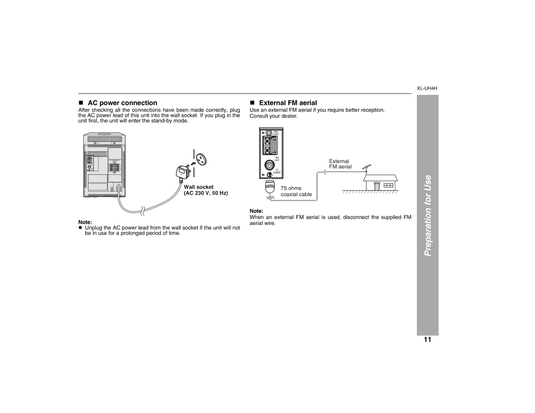 Sharp XL-UH4H operation manual AC power connection, External FM aerial 