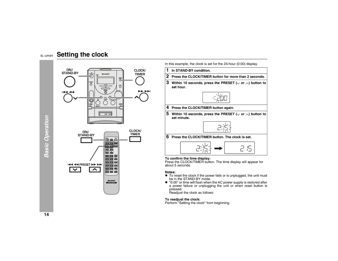 Sharp XL-UH4H operation manual Setting the clock, To readjust the clock 