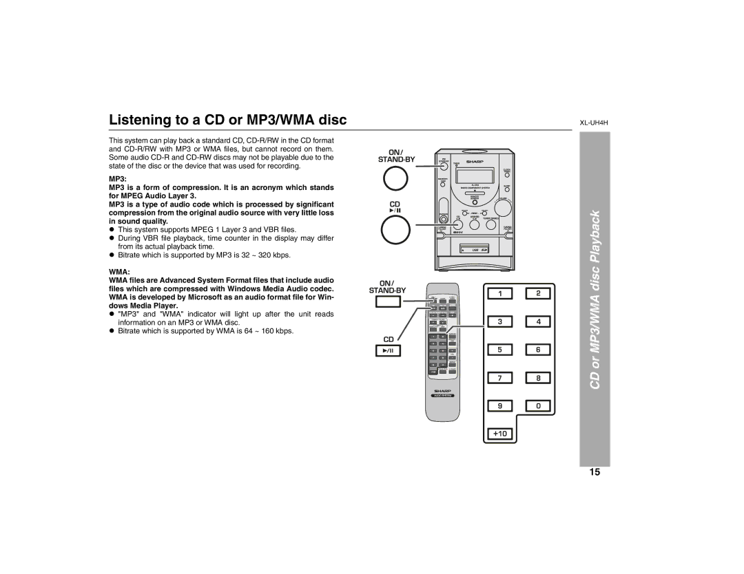 Sharp XL-UH4H operation manual Listening to a CD or MP3/WMA disc, CD or MP3/WMA disc Playback 