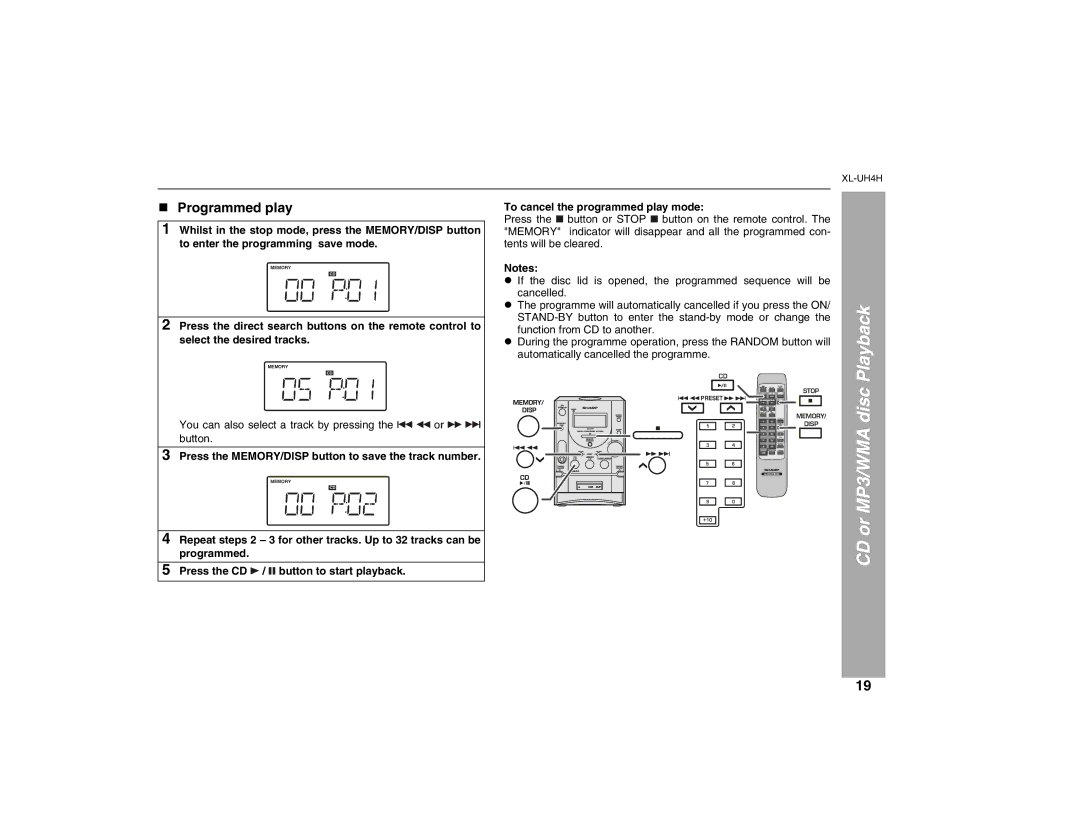 Sharp XL-UH4H operation manual Programmed play, Press the MEMORY/DISP button to save the track number 