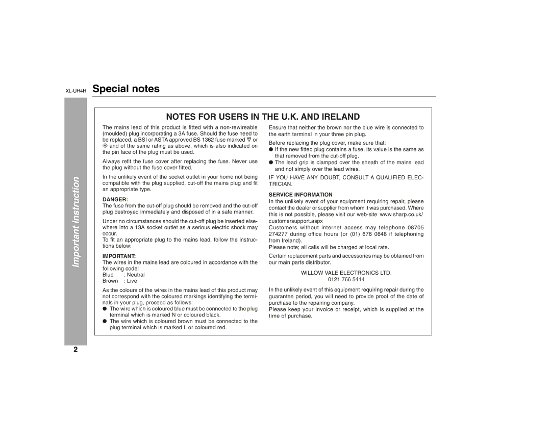 Sharp operation manual XL-UH4HSpecial notes, Important Instruction 