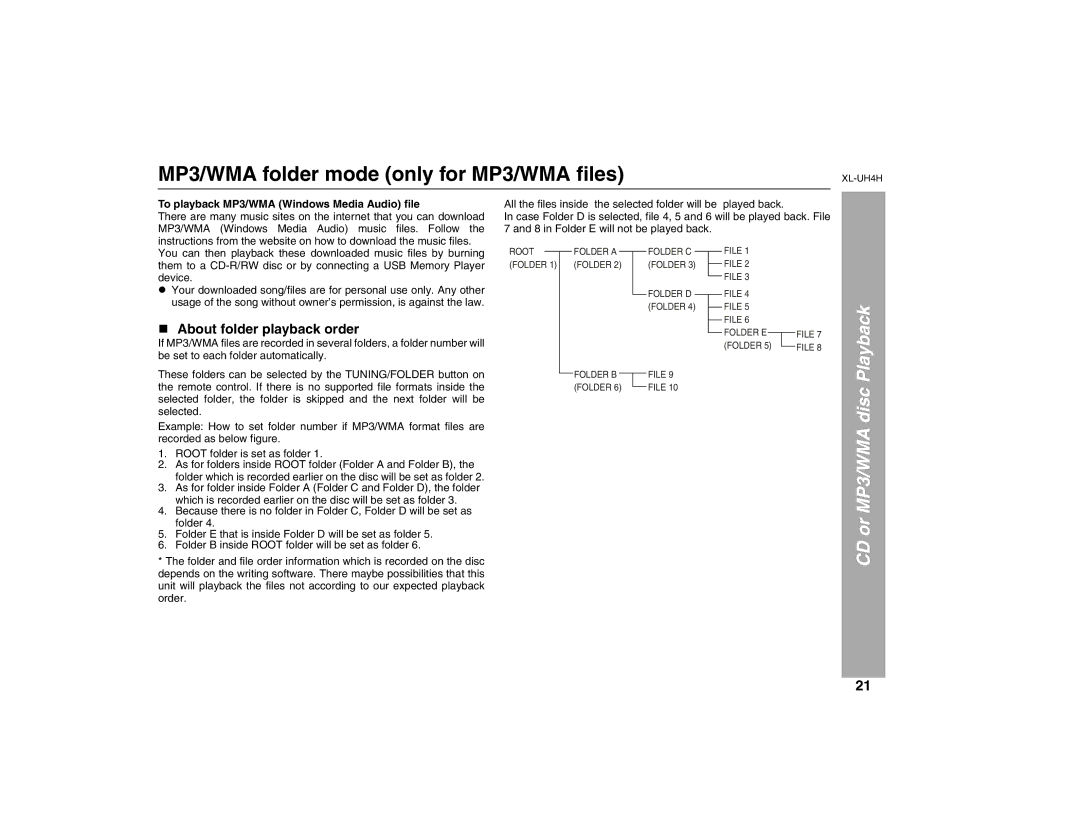 Sharp XL-UH4H operation manual MP3/WMA folder mode only for MP3/WMA ﬁles, About folder playback order 