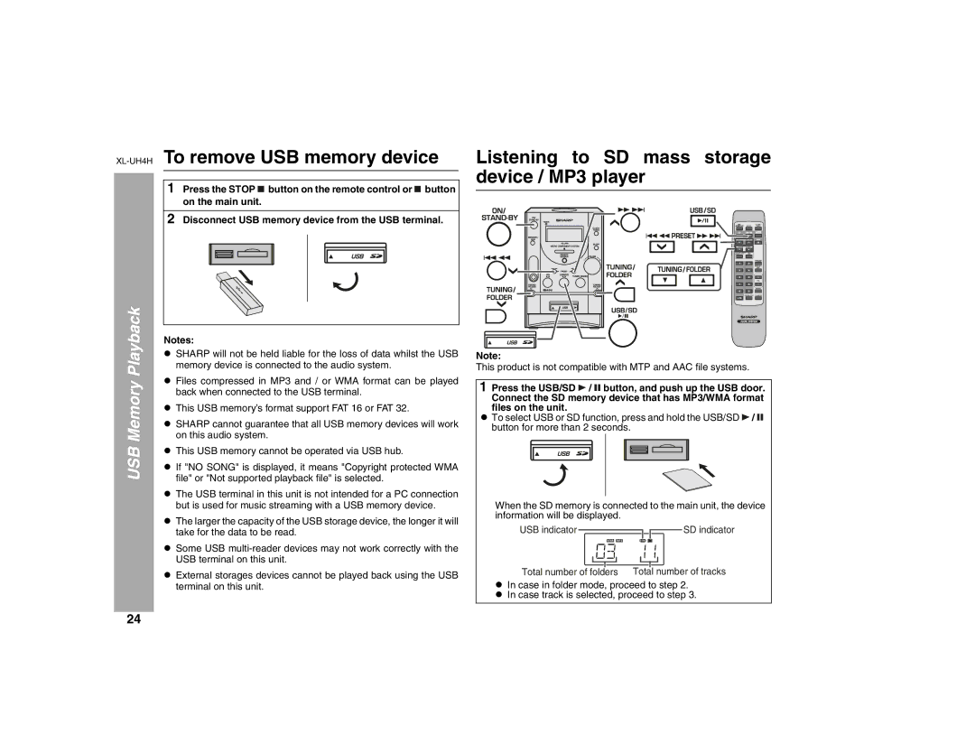 Sharp operation manual XL-UH4HTo remove USB memory device, Listening to SD mass storage device / MP3 player 