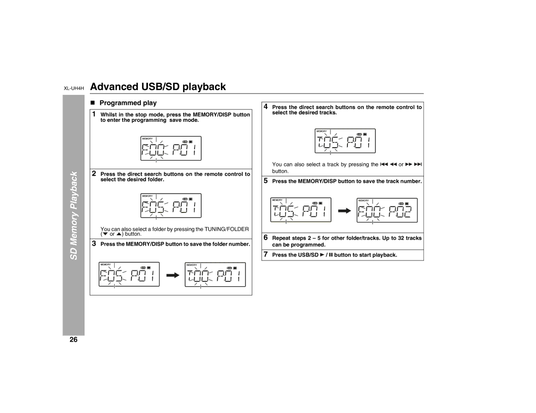 Sharp XL-UH4H Advanced USB/SD playback, SD Memory Playback, Press the MEMORY/DISP button to save the folder number 