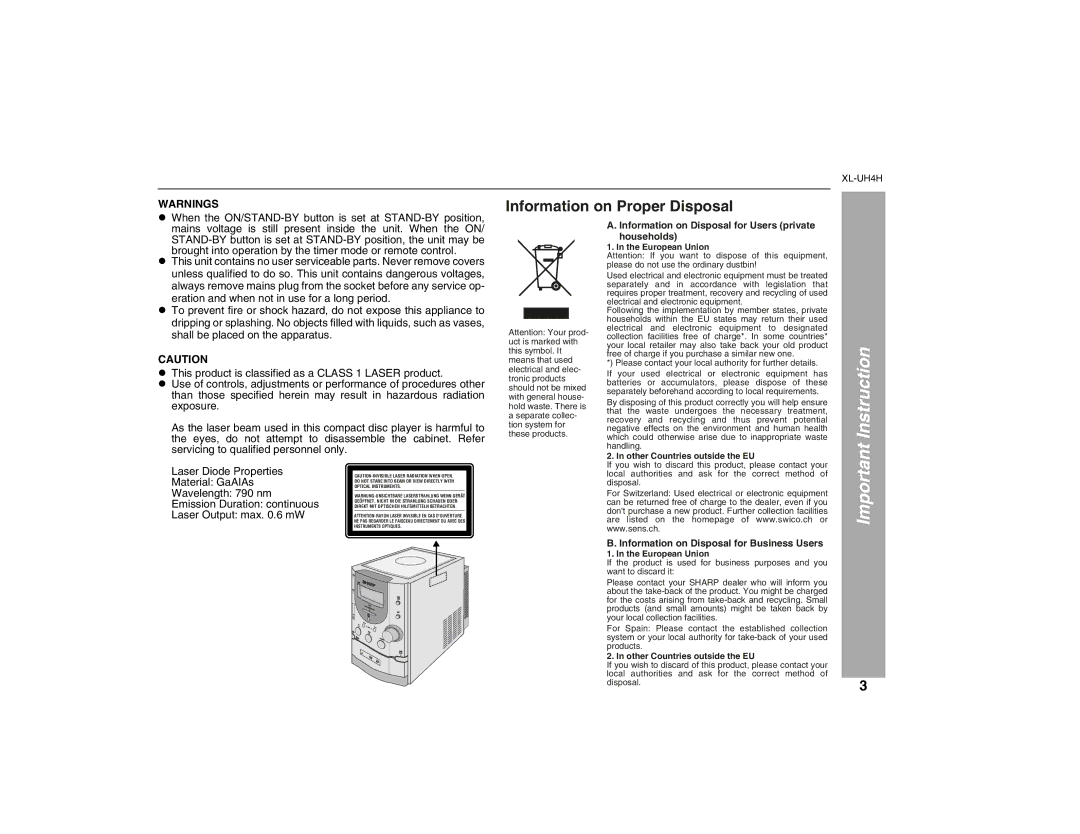 Sharp XL-UH4H operation manual Instruction, Information on Proper Disposal 