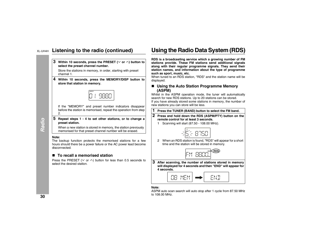 Sharp XL-UH4H Using the Radio Data System RDS, To recall a memorised station, Using the Auto Station Programme Memory Aspm 